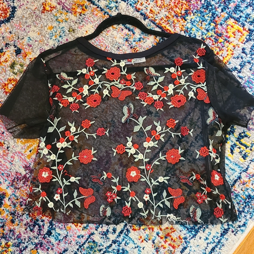 Sheer Black Embroidered Crop Top